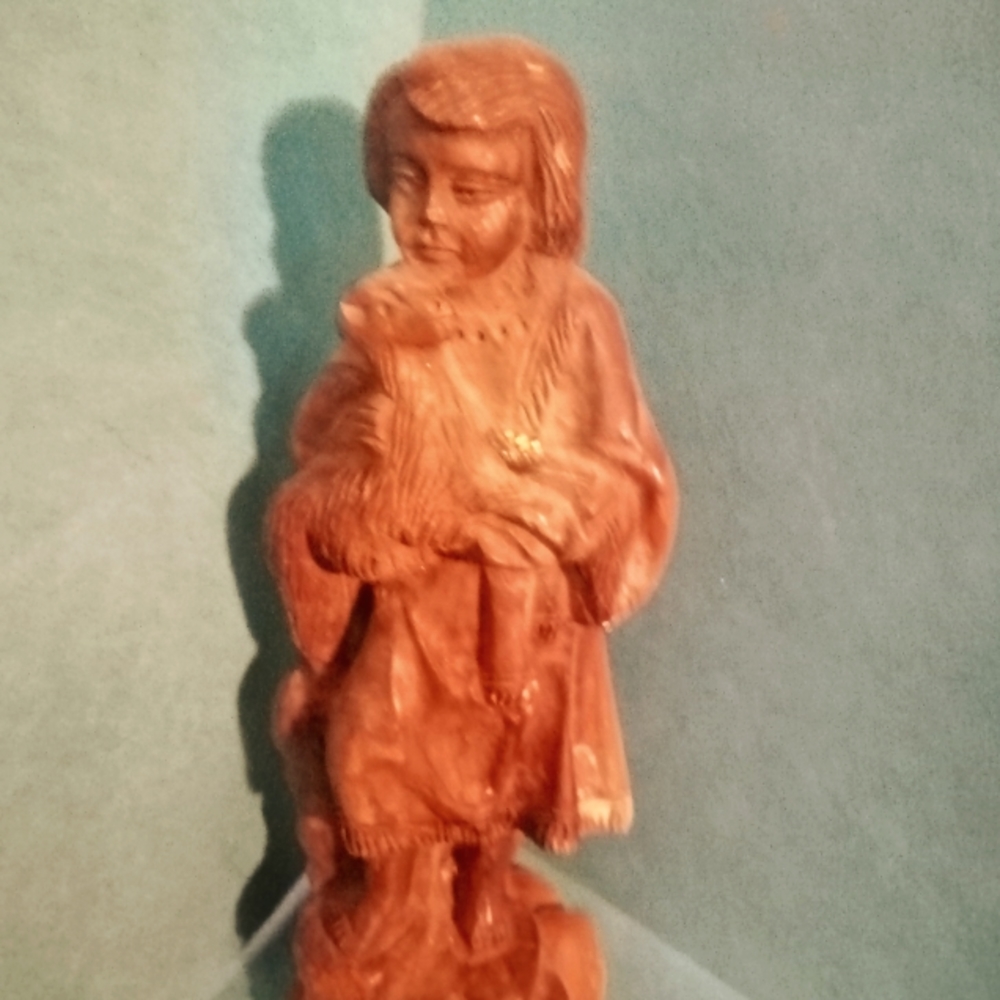 Hand Carved Shepherd & Lamb Statue Olive Wood Figurine Bethlehem Figure